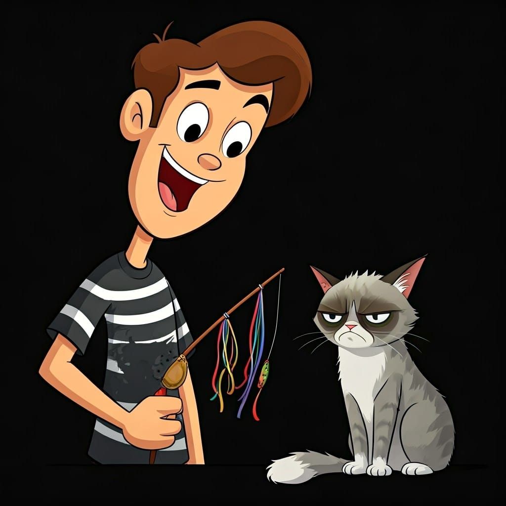 Cheerful Young Man Talks to a Grumpy Cat in a Whimsical Cart...