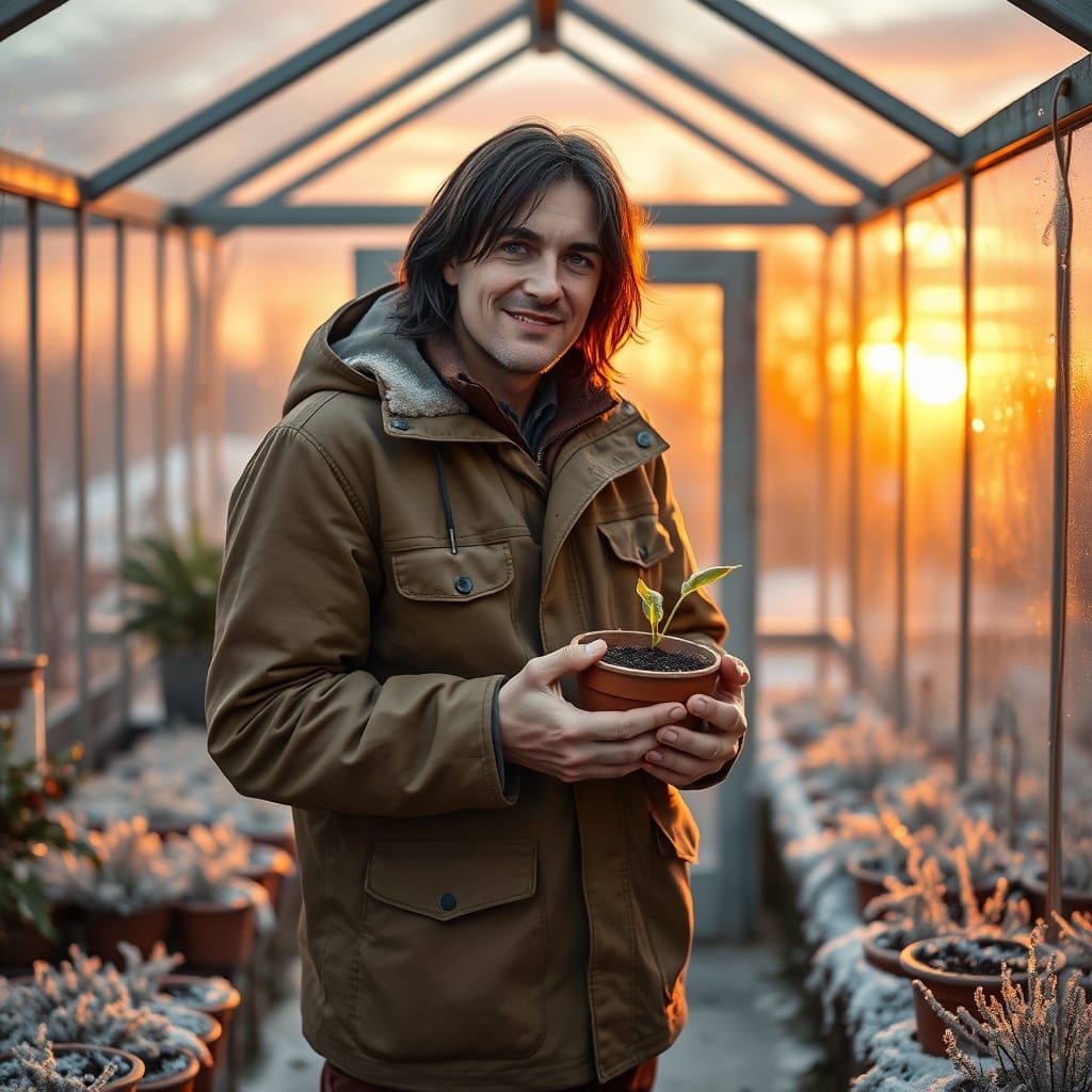 Chiseled Greenhouse Guardian with First Green Sprout