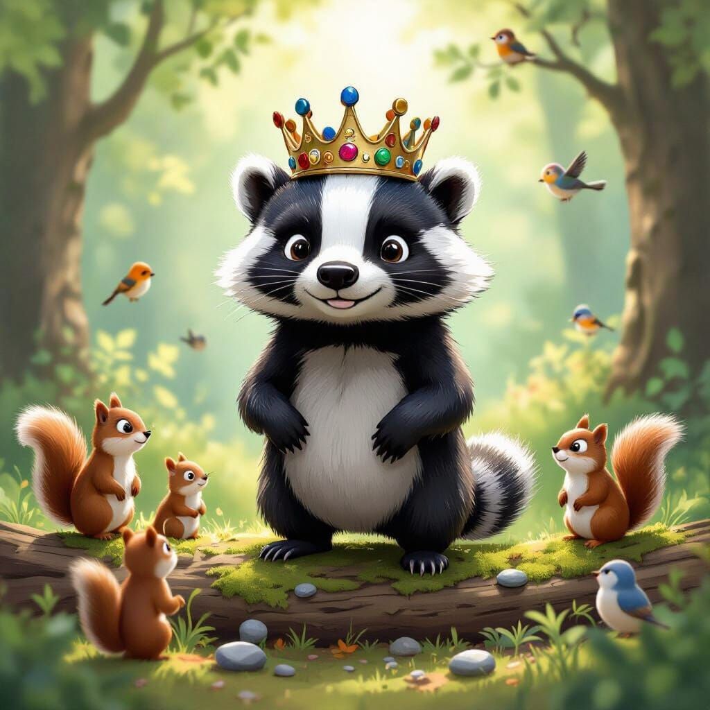 Whimsical Badger King in Forest Clearing
