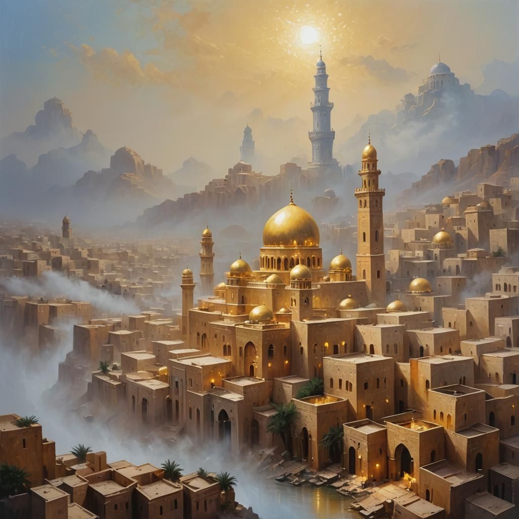 Golden Arabic City in Mists: Oil Canvas Masterpiece