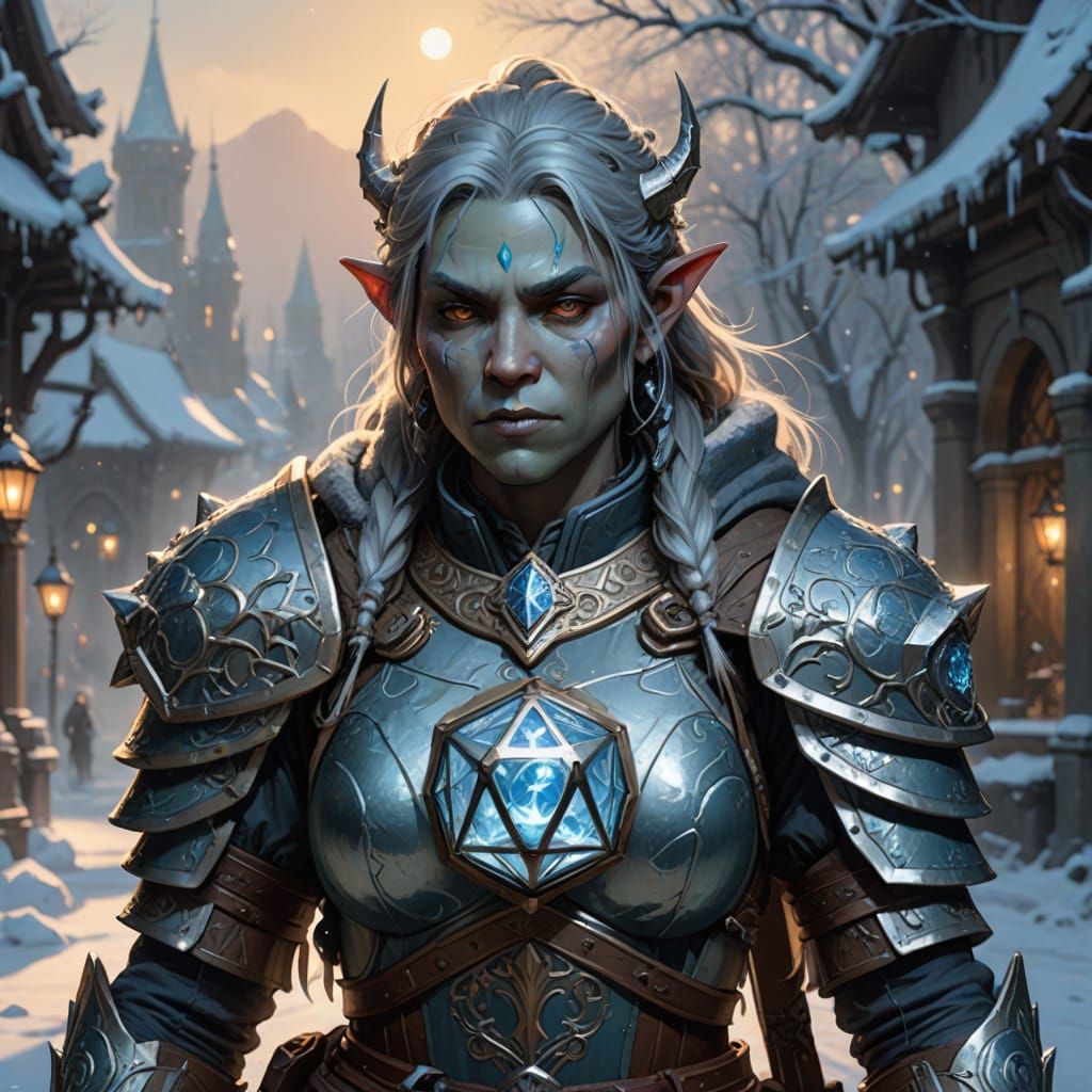 Frosty Female Orcess Glows with D20 Magic in Hyper-Realistic...