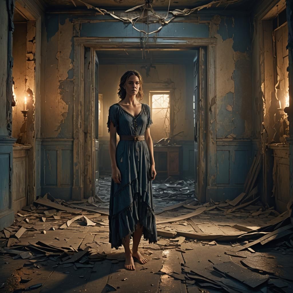 Barefoot Woman in Abandoned Room, as Digital Art