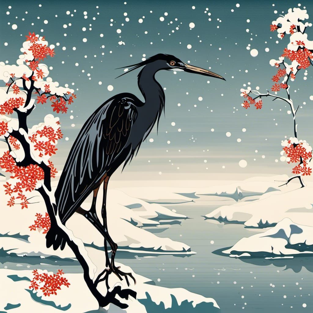 One black heron on a snowy branch, Ukiyo-E, in the style of Koryusia