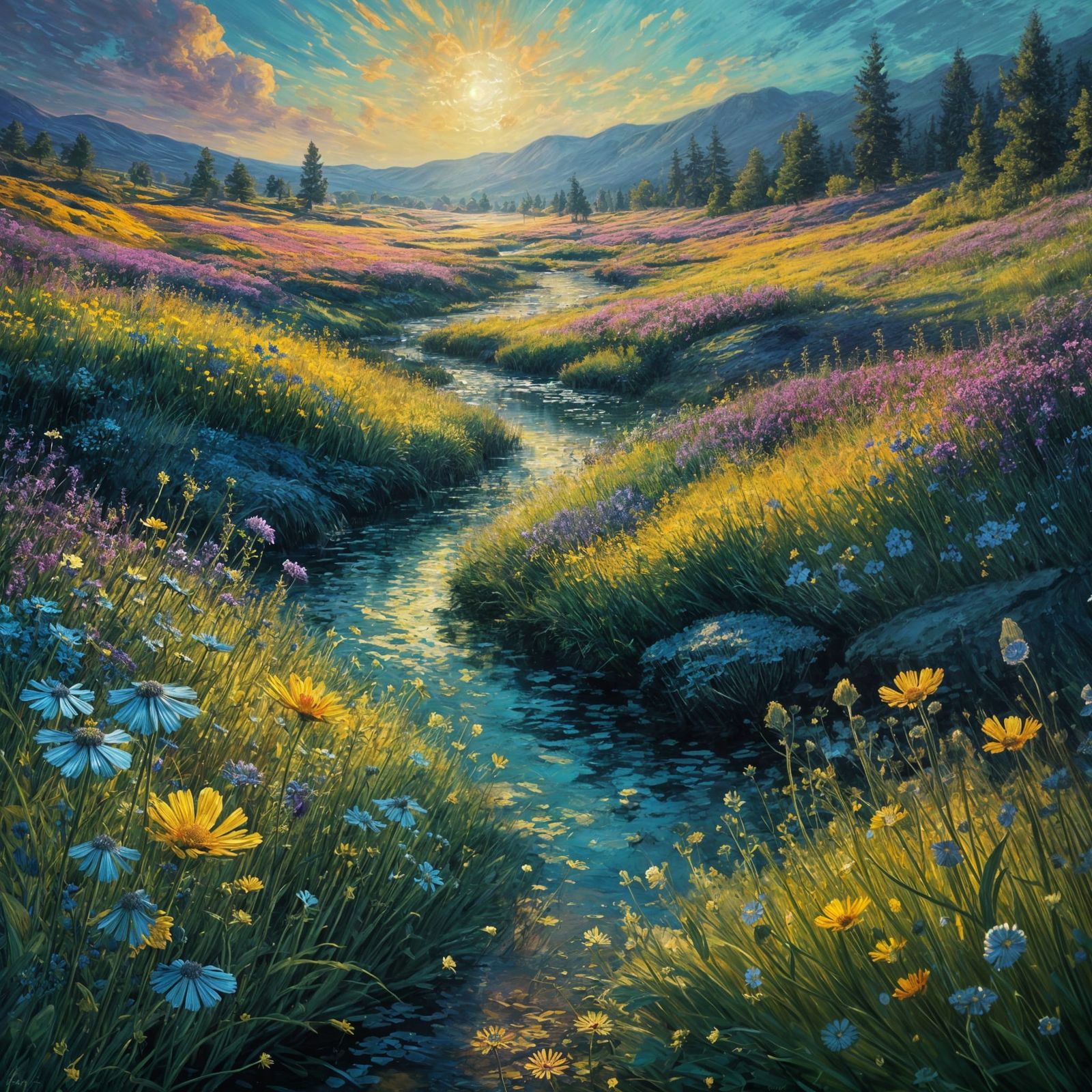 Bioluminescent Spring Meadow with Fairy, Neo-Impressionist S...