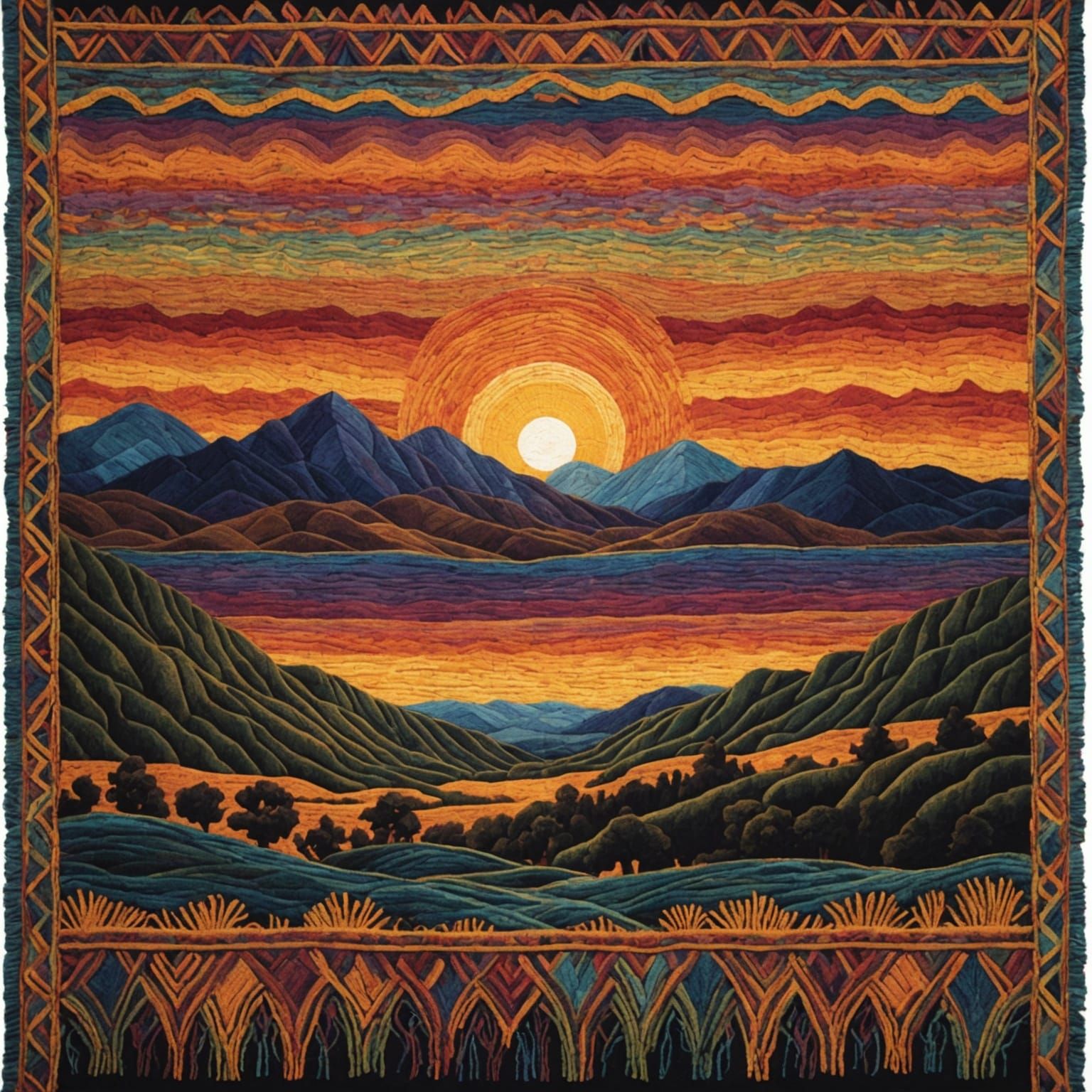 Colorful Woven Yarn Tapestry of a Detailed Sunset