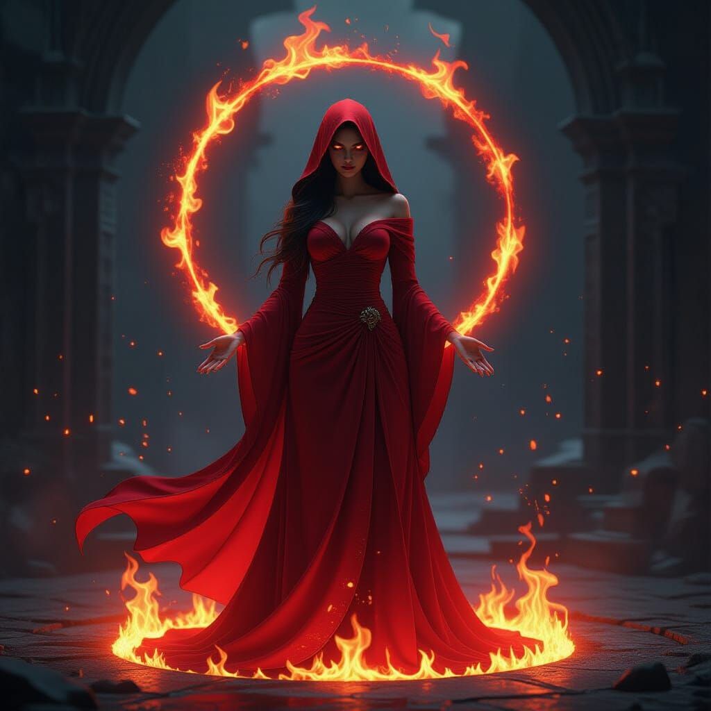Fire Sorceress in Embers, Digital Art