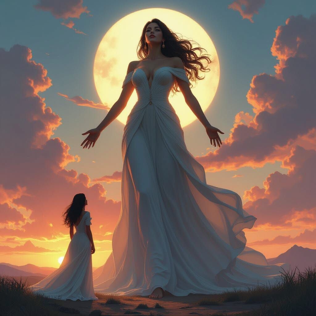 Woman Transforms into Giantess Under Sunset Glow