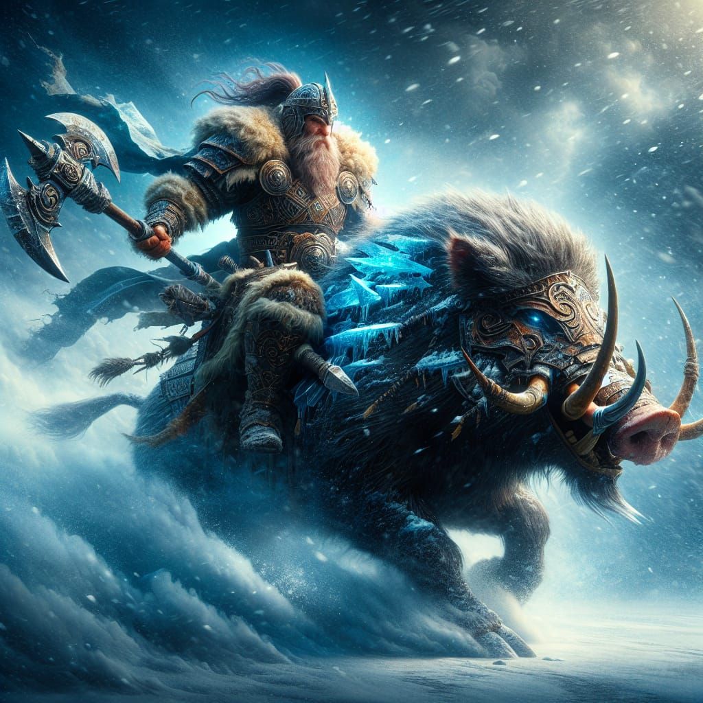 Viking Warrior Riding Majestic Boar into Battle