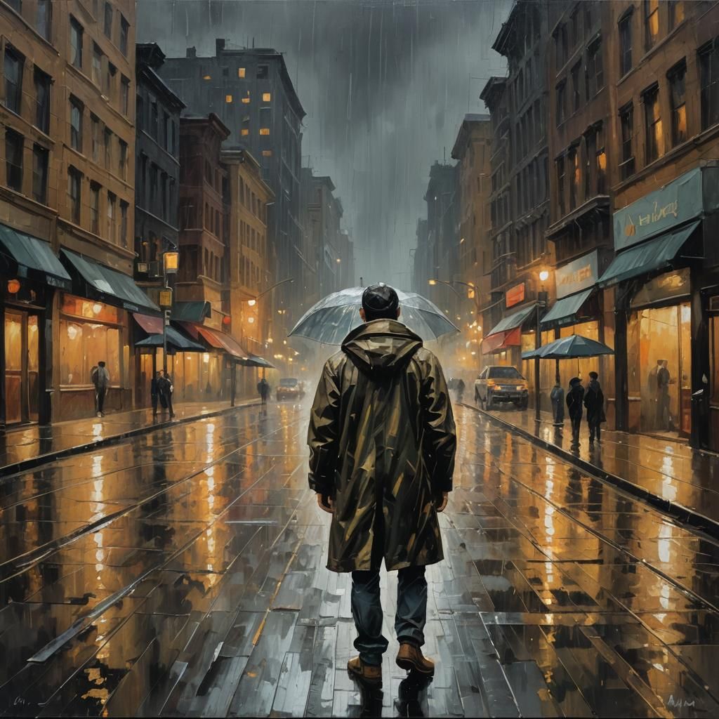 Rainy City Solitude: An Impasto Painting