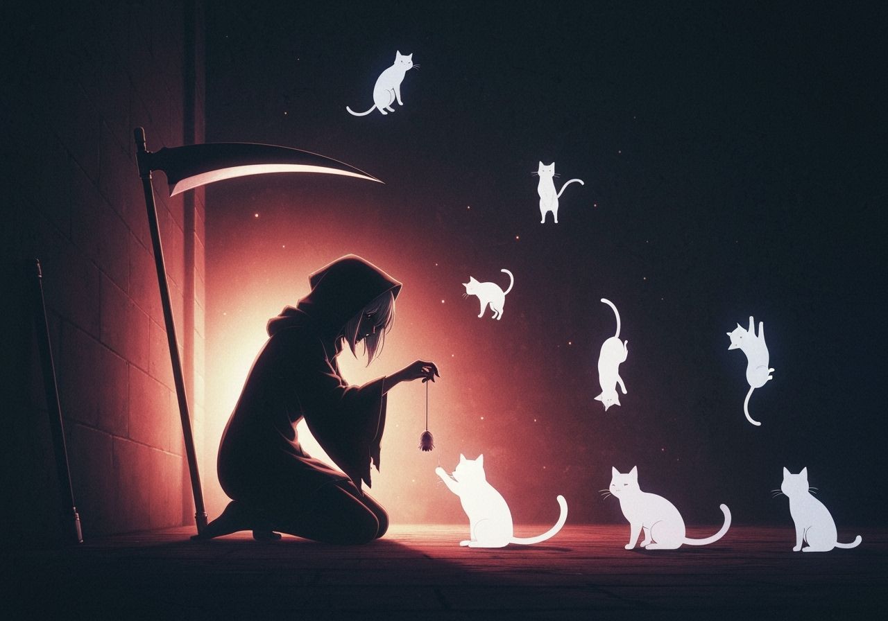 Anime Grim Reaper with Cat Spirits in Film Grain Style