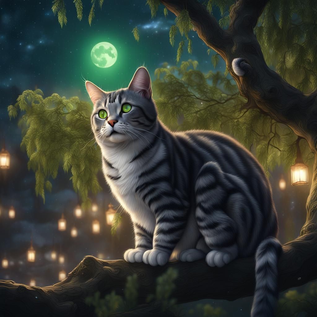 Calico Tabby Cat Under Willow Tree: Detailed Matte Painting
