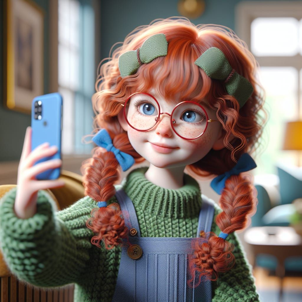 7 year old girl with long red curly hair big blue eyes and r...