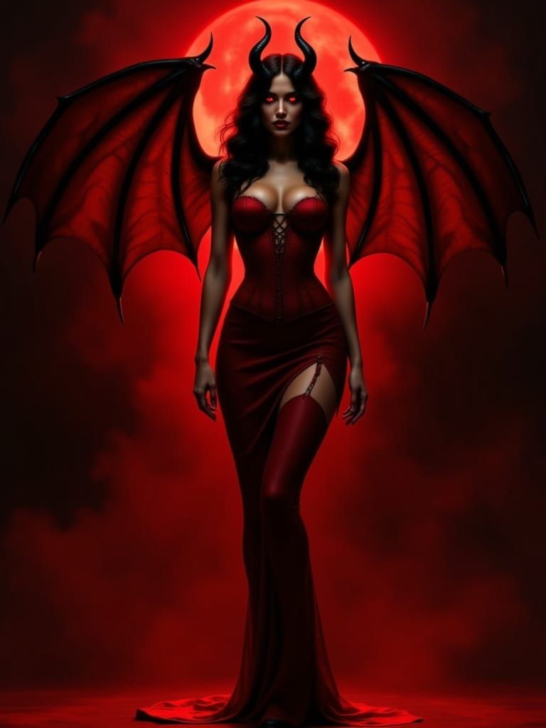 Demonic Woman with Crimson Wings in Gothic Art Style