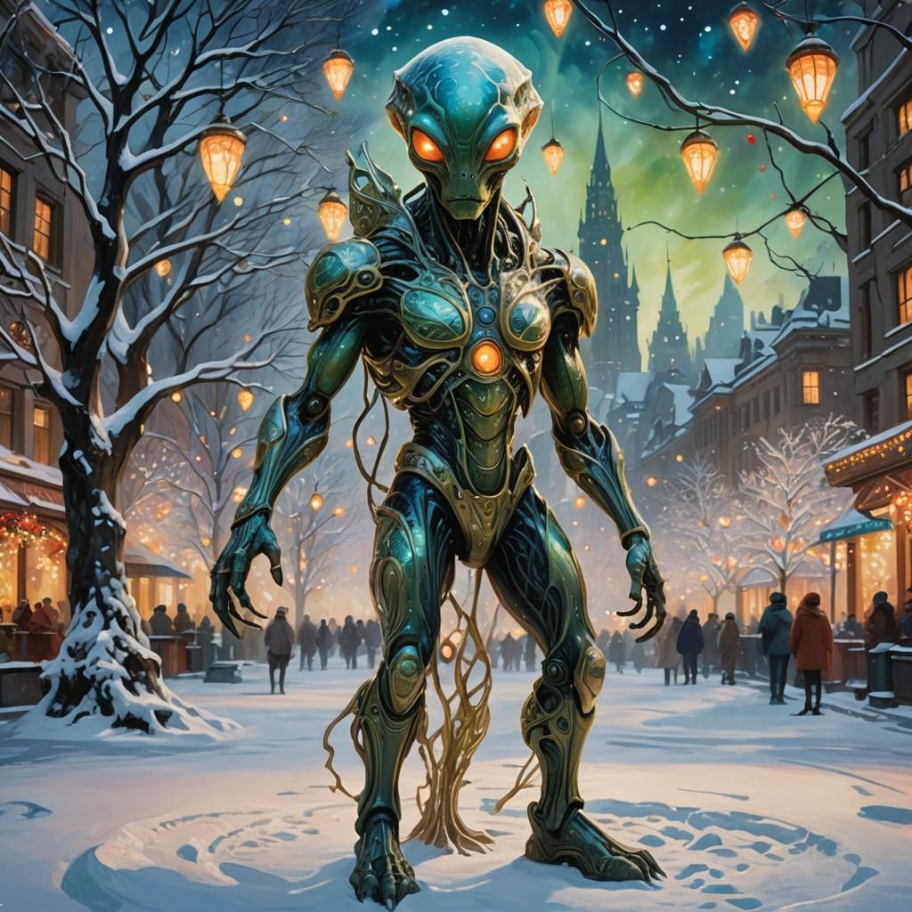 Alien in Snowy City Square: A Sci-Fi Oil Painting