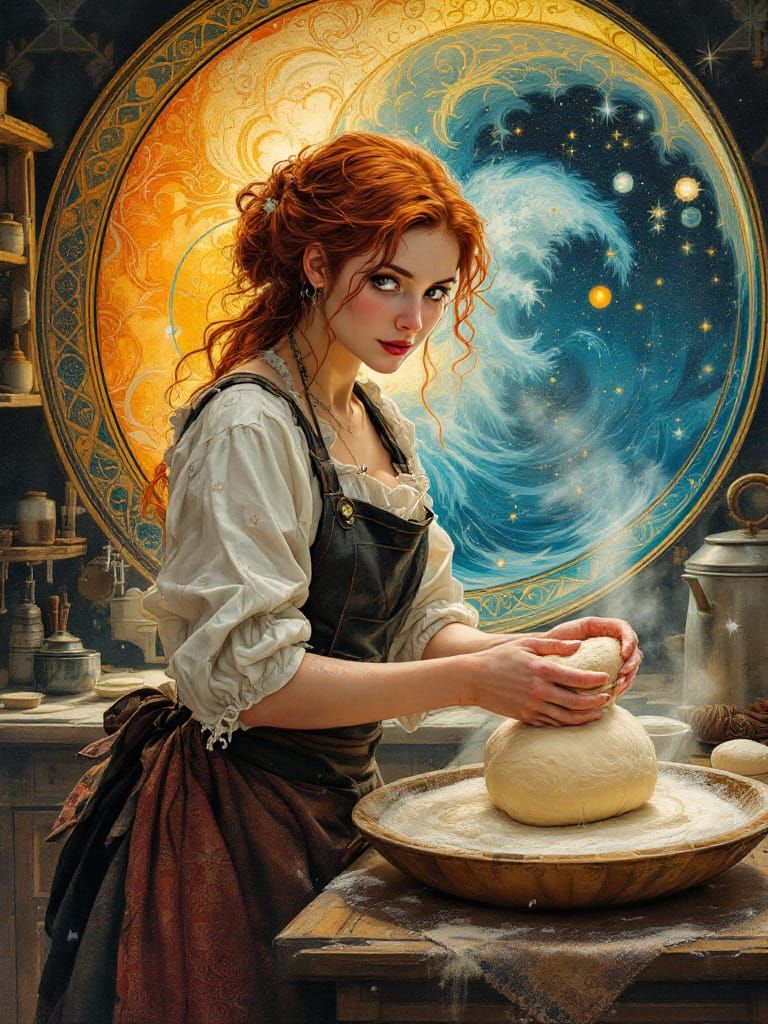 Baker Creating Dough in Cosmic Kitchen, Hokusai & Mucha Styl...