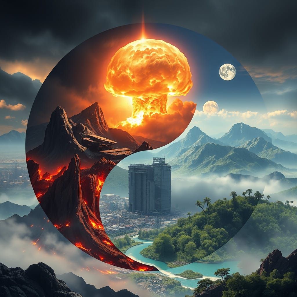 Surreal Yin-Yang Symbol Divided into Two Contrasting Halves