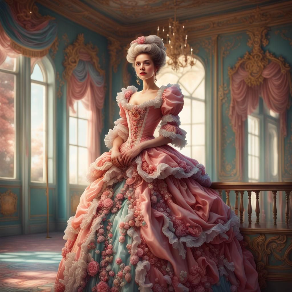 A gorgeous woman in the Rococo era wearing a gorgeous Rococo holiday  gown