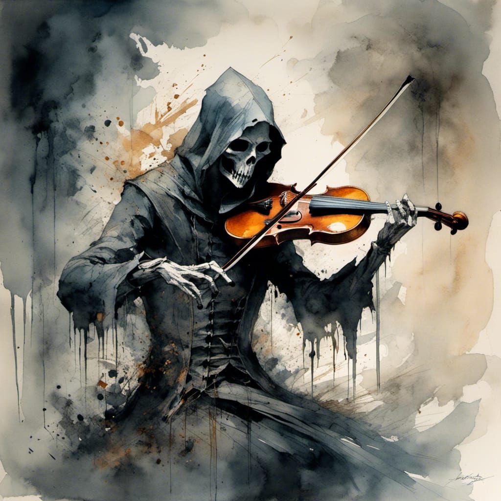 <lora:Woodsplash:1.0> A watercolor painting of the Grimm Reaper playing the violin