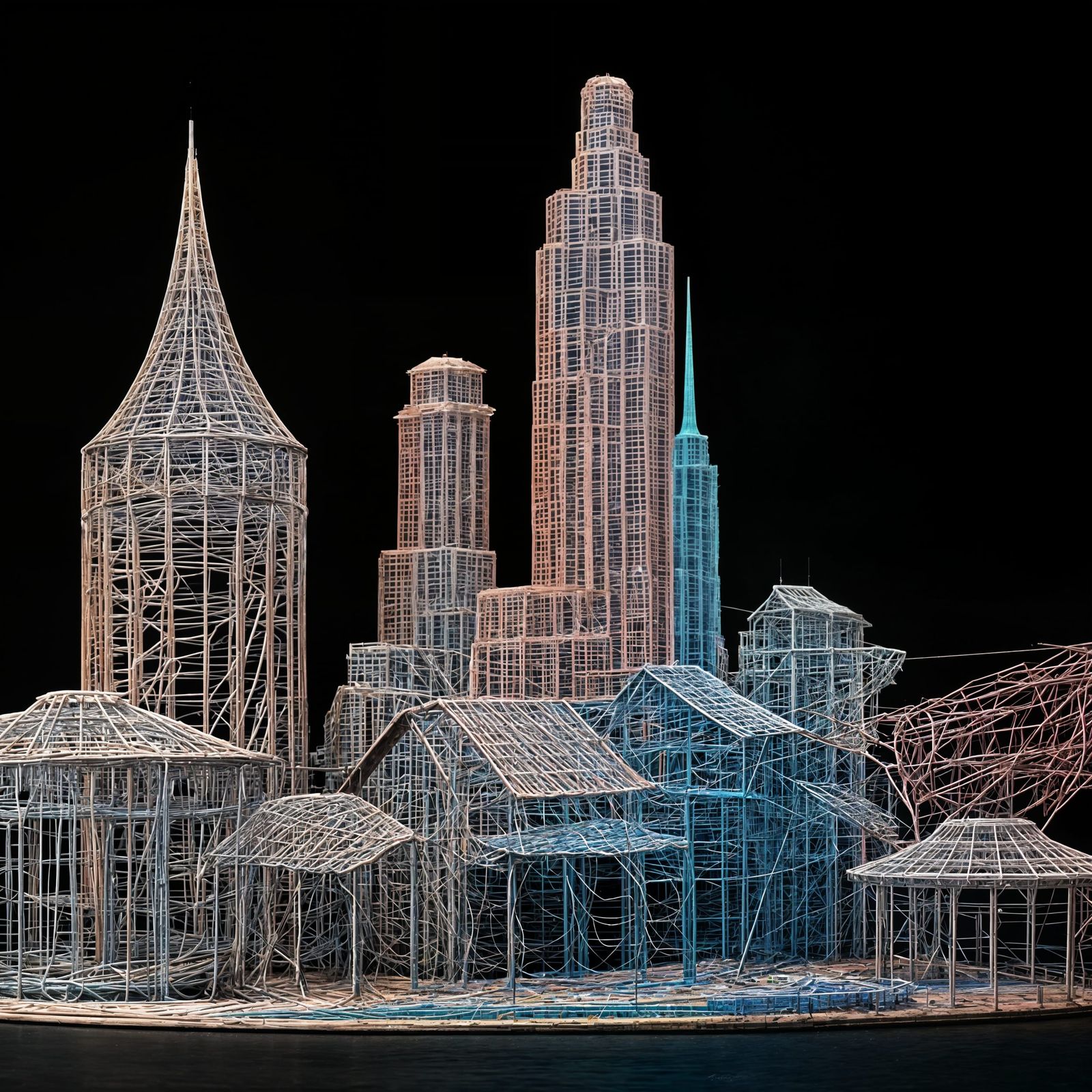 Ethereal Cityscape Made of Multicolored Cotton Wires