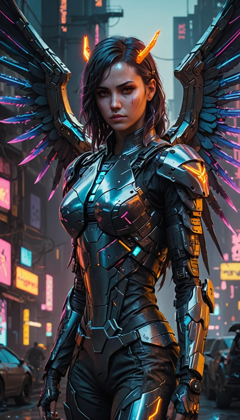 Cyberpunk Metal Dragon Angel in Neon