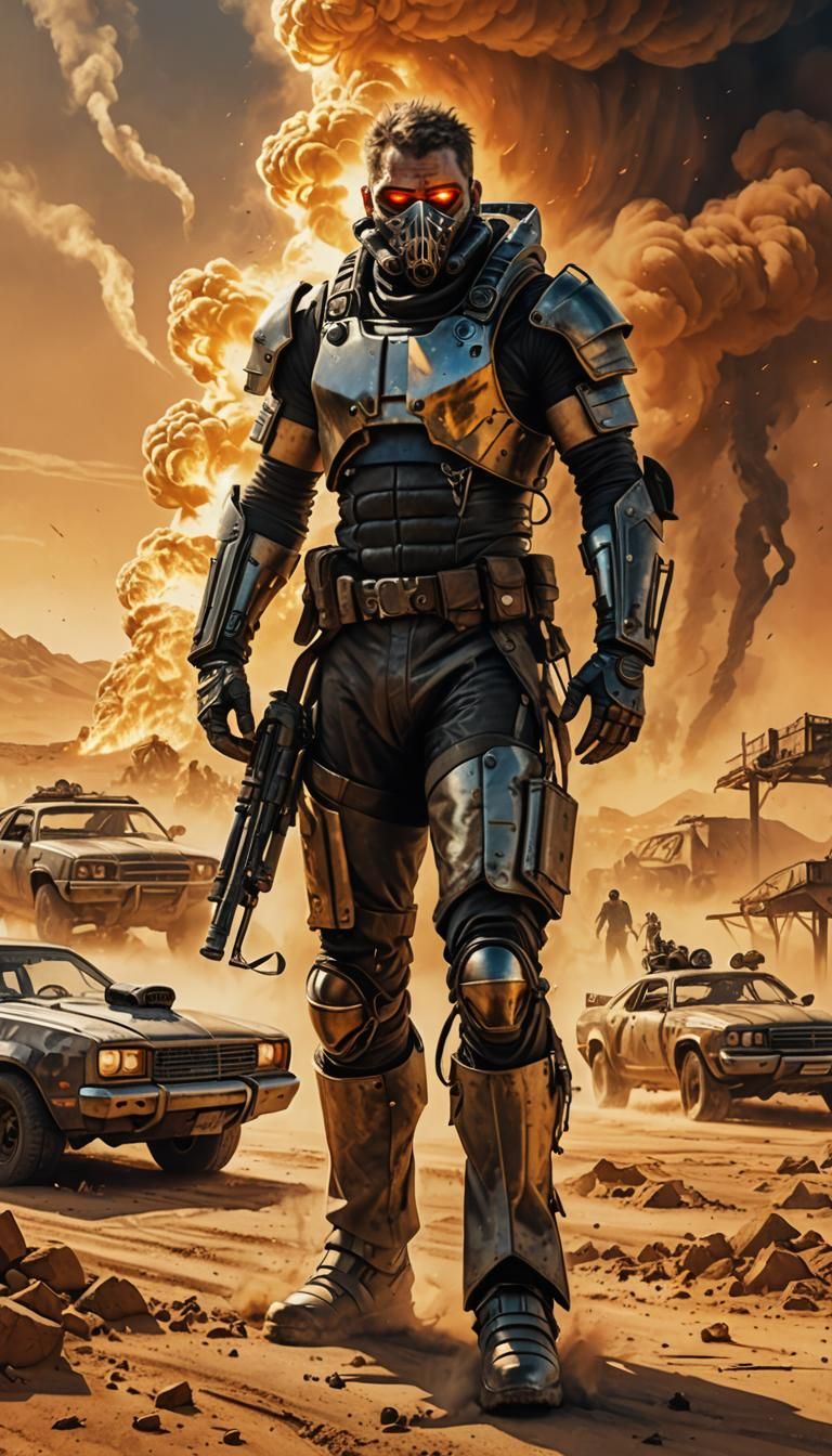 Mad Max in Futuristic Armor Amidst Fiery Dust Storm