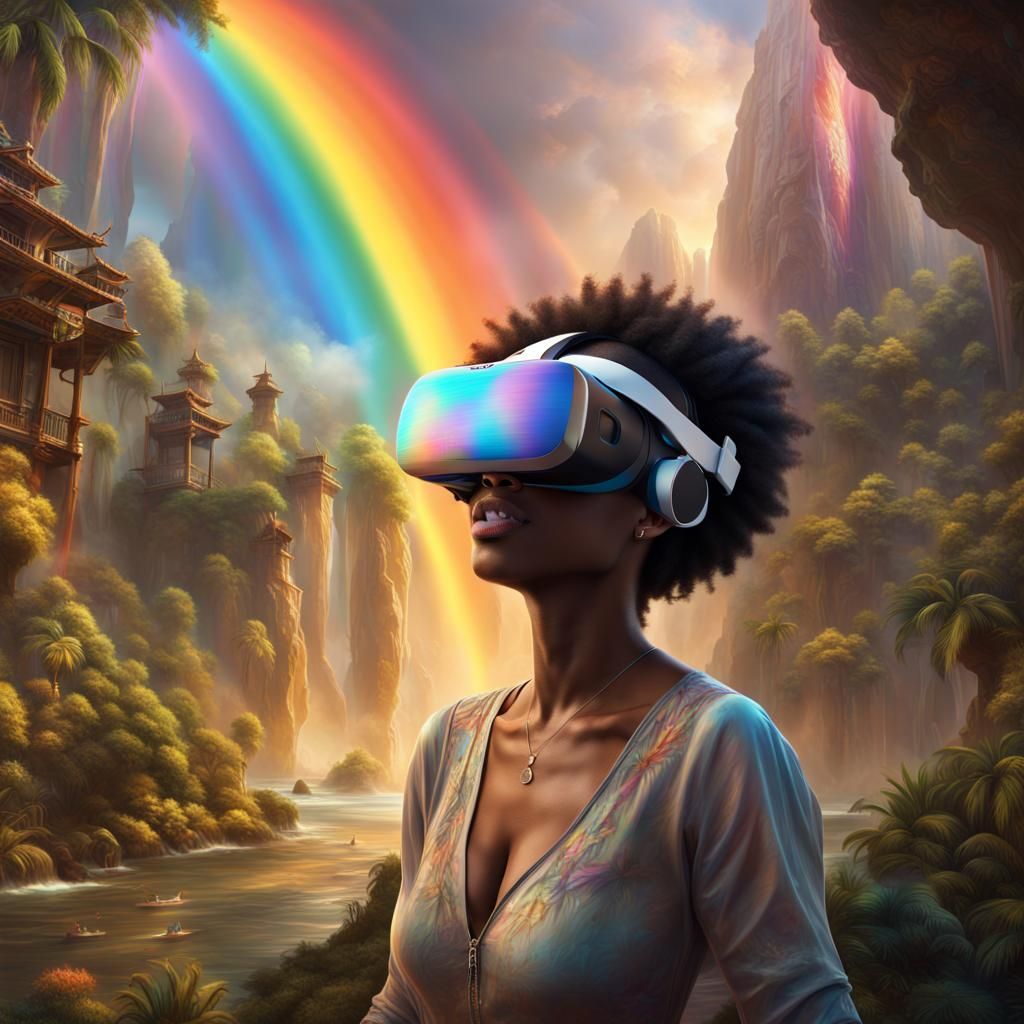 Woman with VR Headset in Shangri-La, Digital Art