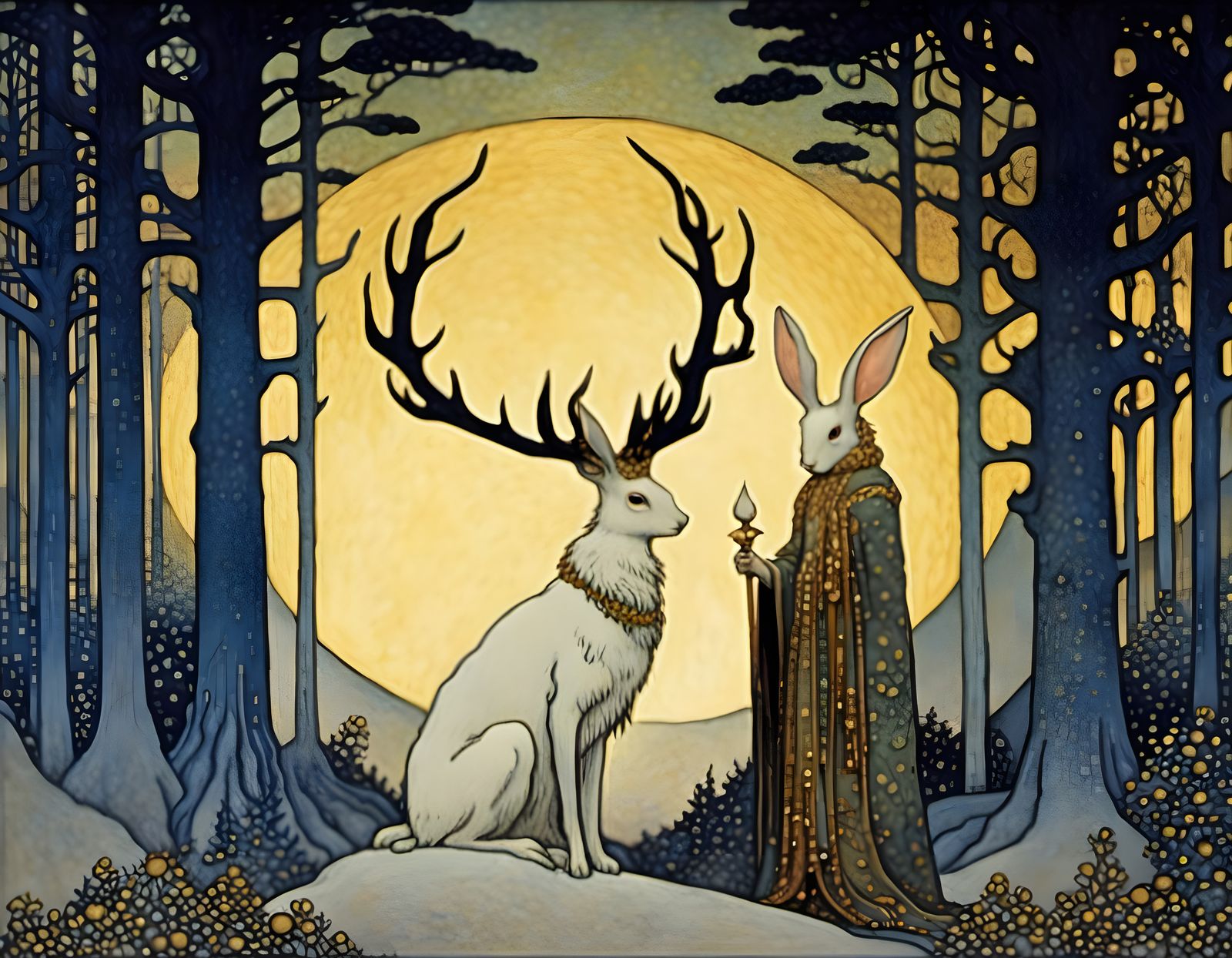 Rabbits and Stag in Wooded Glade Illustration