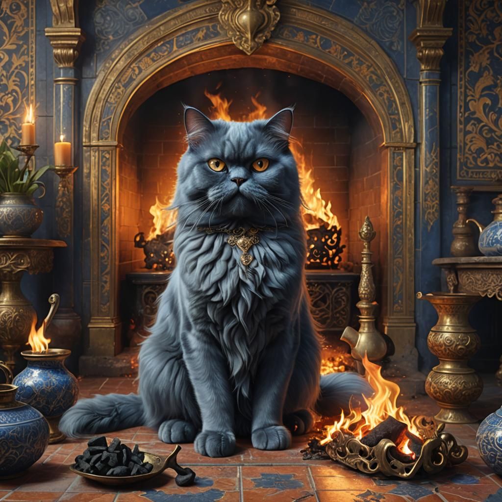 A large blue persian cat sits an ornate tiled, hearth, brass fire place tools and coal skuttle, In a blazing fire set wi...