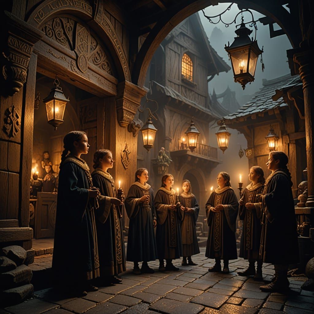 Children in Old Clothing at Tavern Entrance, Dark Fantasy Ar...