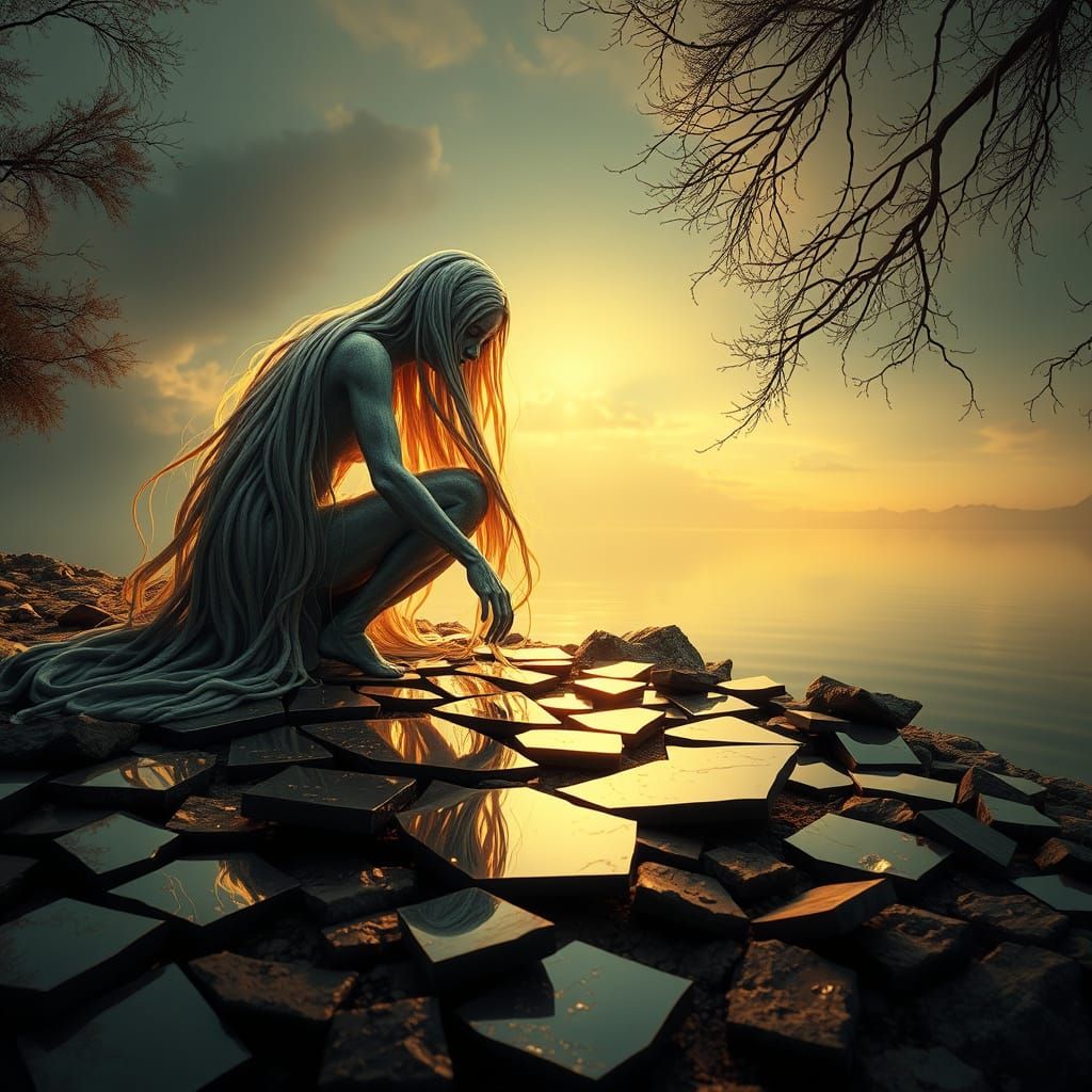 Bio Art Sculpture: Figure by Lake with Cracked Mirrors