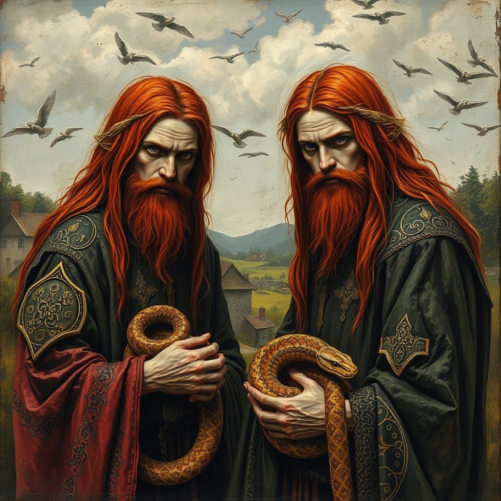 Irish Druid Priests with Snakes in Impasto Style