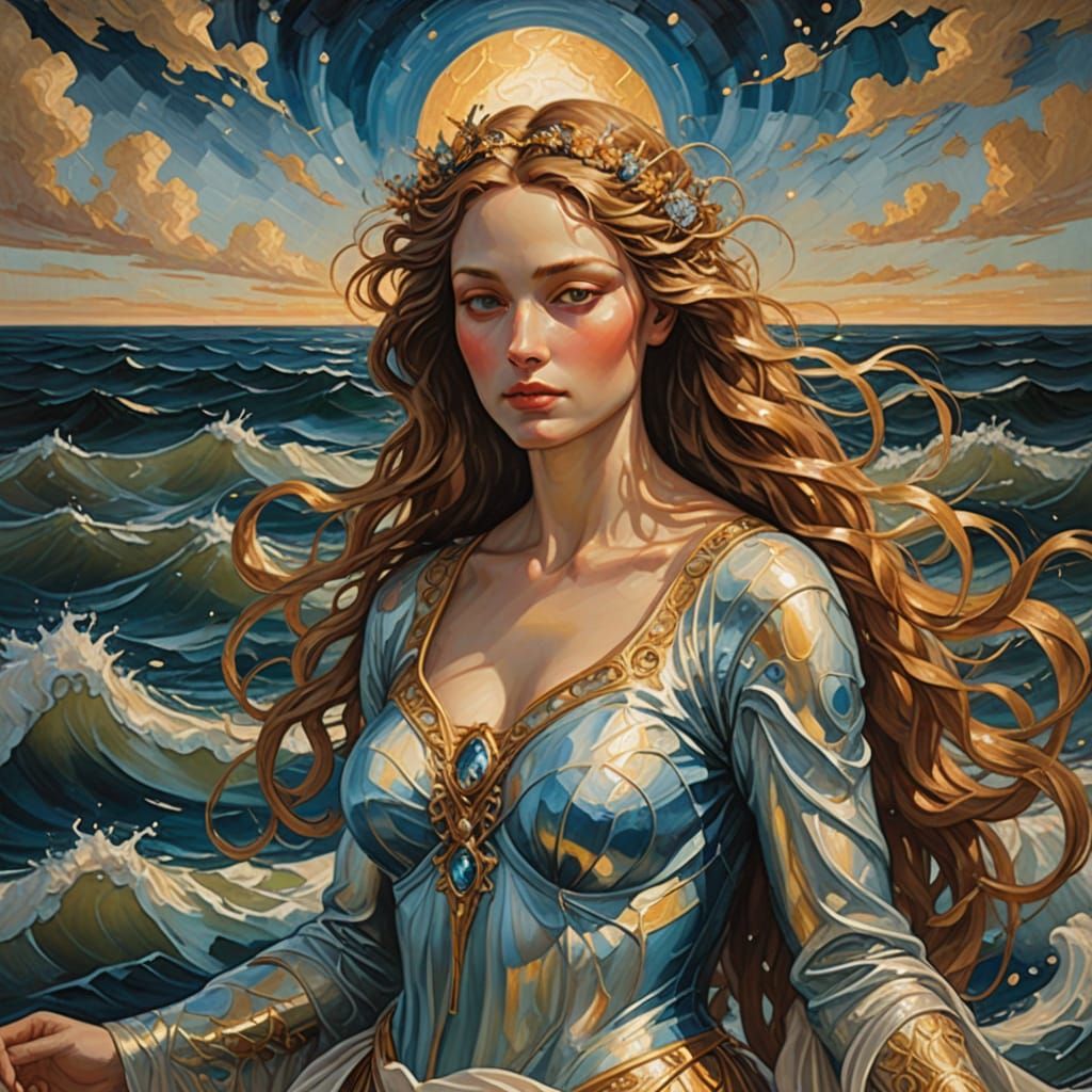 Cyborg Goddess Emerges from the Shimmering Sea in Oil on Can...
