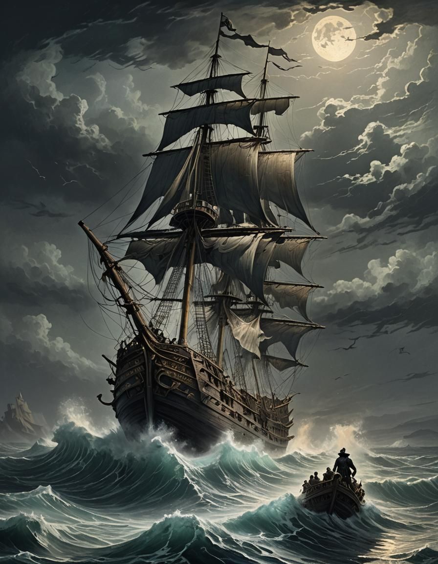 Ghost Pirate Ship on Raging Sea in Horror Style