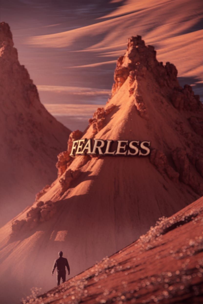 Figure Against Steep Ochre Hill with 'Fearless' Carving