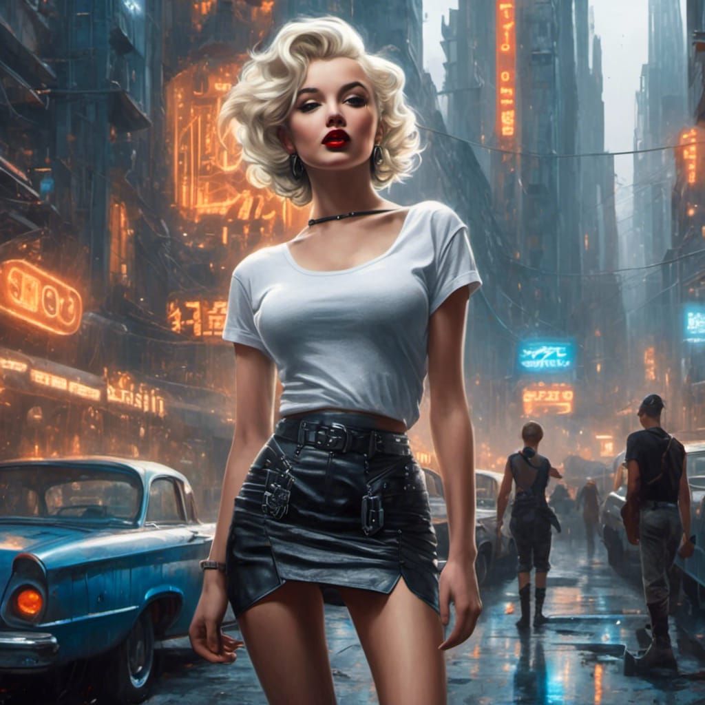 Marilyn Monroe in Cyberpunk Cityscape, Hyperrealism