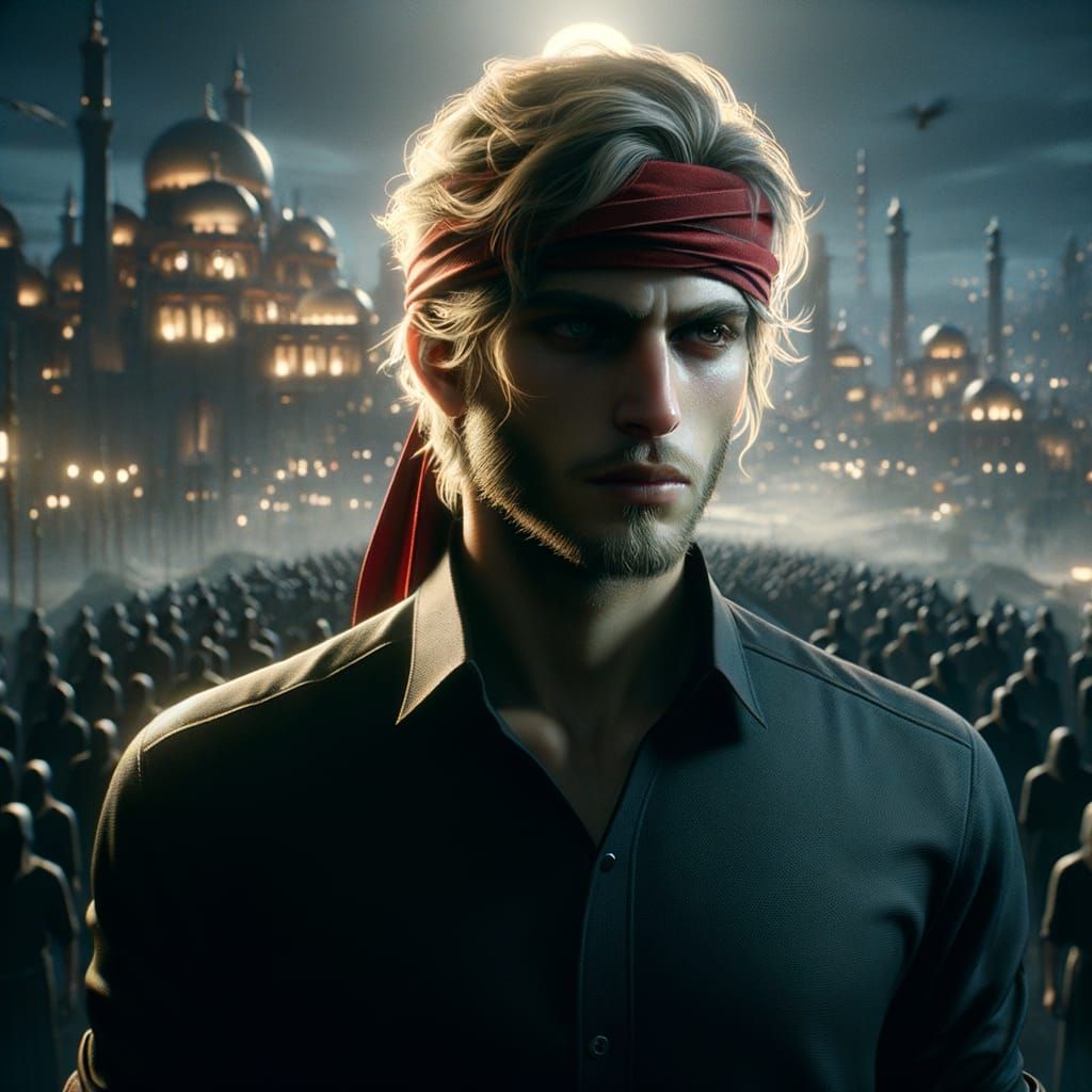 Blond Man with Inner Light in Dark Cityscape