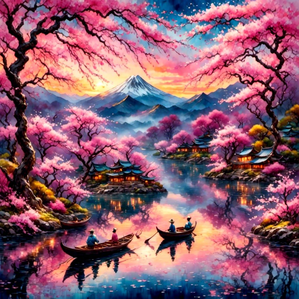 Japanese Lake with Sakura Trees in Impressionist Style