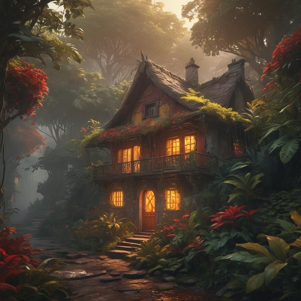 Jungle Cottage in Golden Light, Fantasy Concept Art