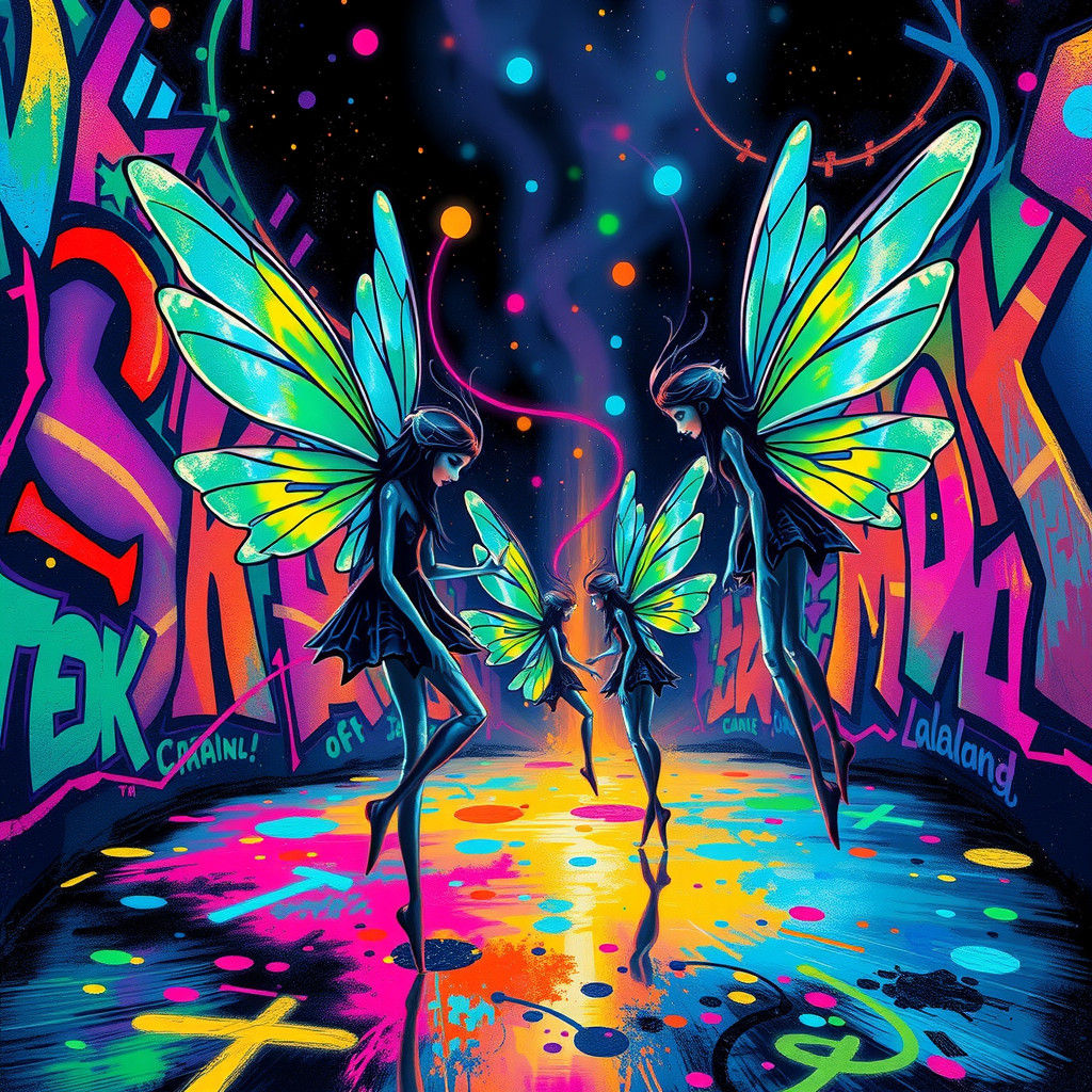 Magical meth fairies in Lalaland in a black light illustration with heavy contrast vibrant color saturation graffiti art...