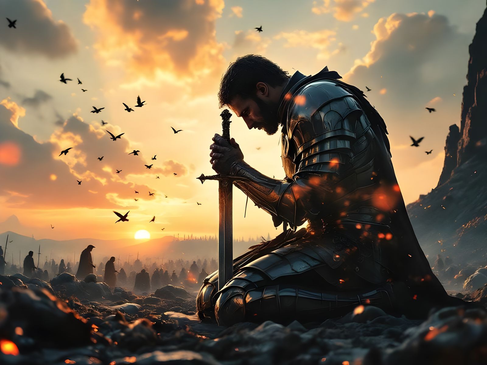 Armored Knight in Prayer on Battlefield at Sunset