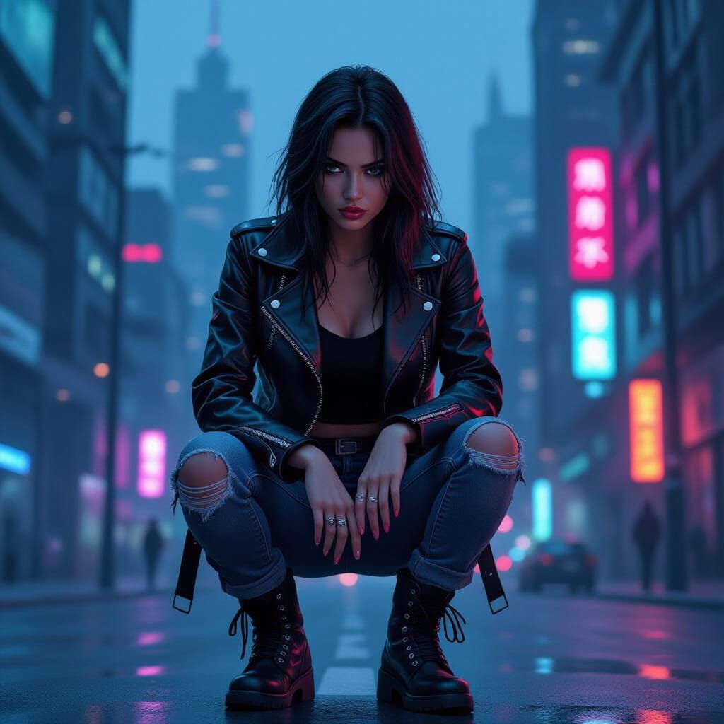 Cyberpunk Woman in Neon Cityscape