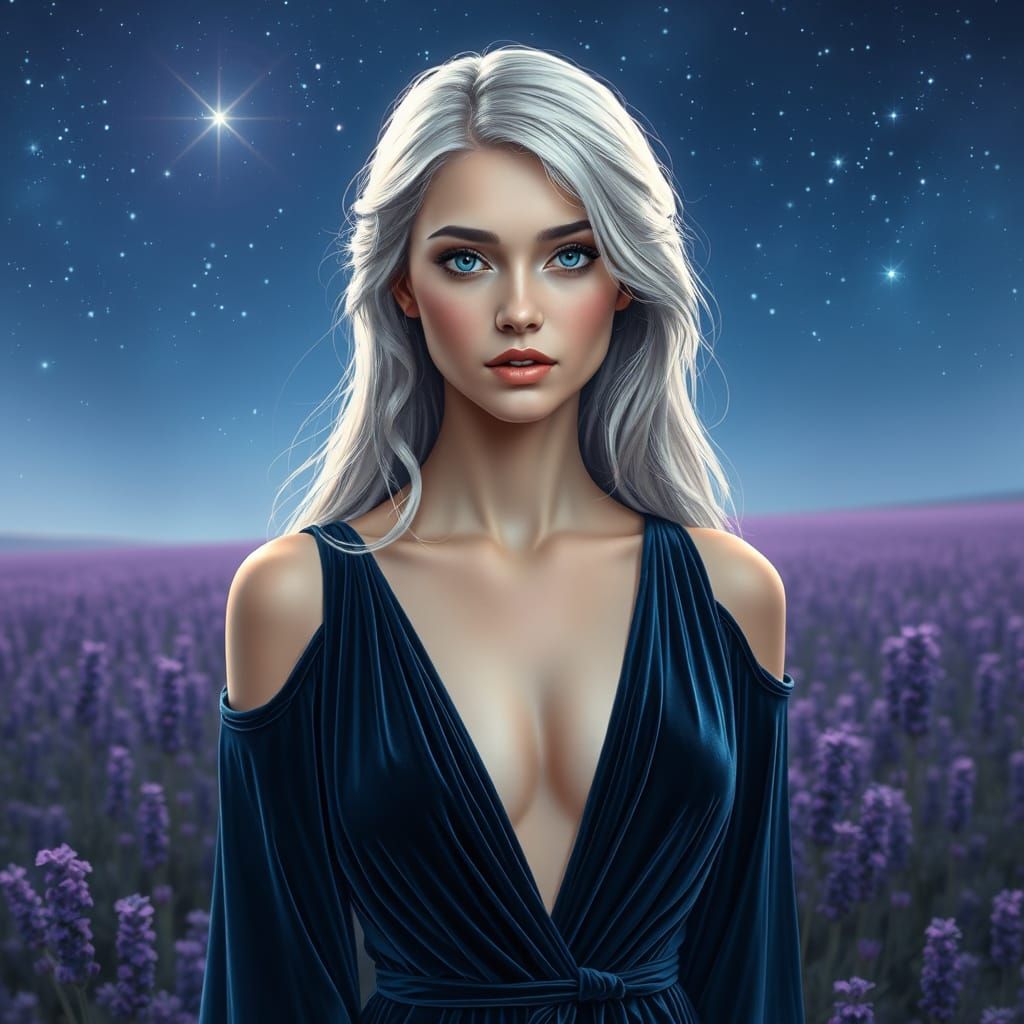 Silver Haired Beauty in Lavender Field