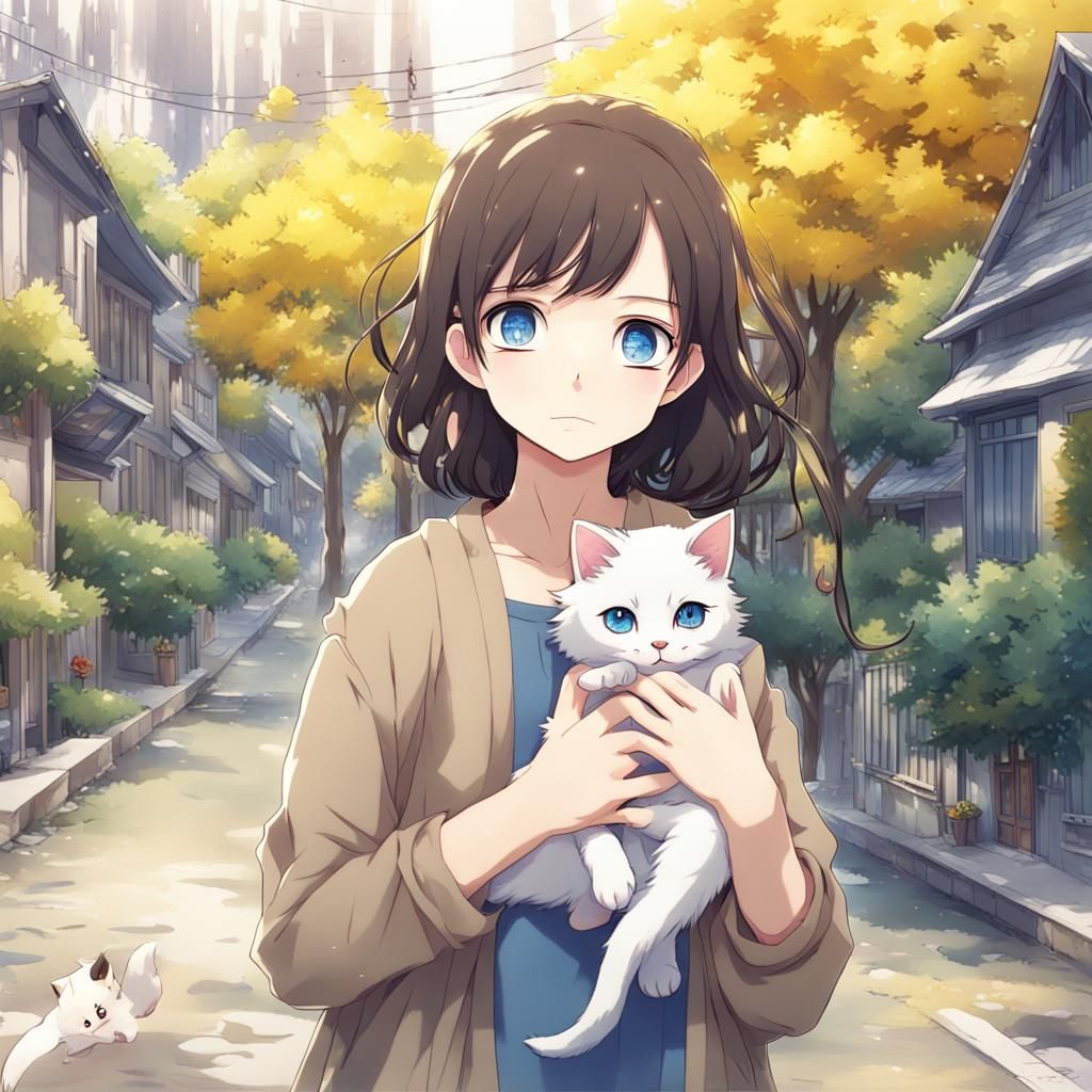Girl Holding Kitten in Anime Style Street