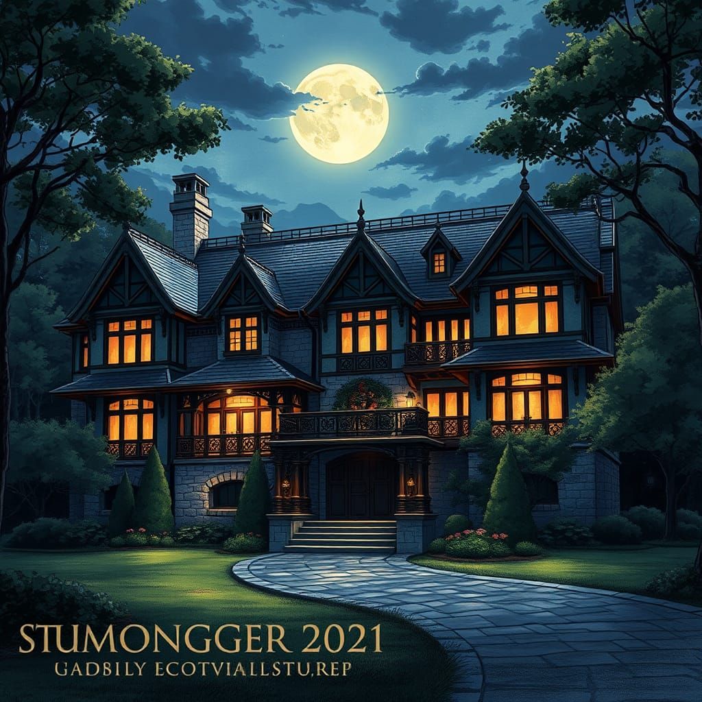 It depicts a newly-constructed country house rendered in a realistic style.  It's done in black ink and chalk in dark, m...