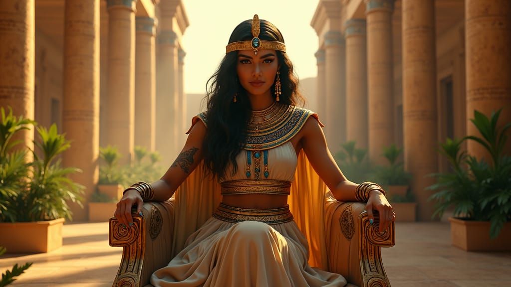 Egyptian Queen on Throne in Art Nouveau Style