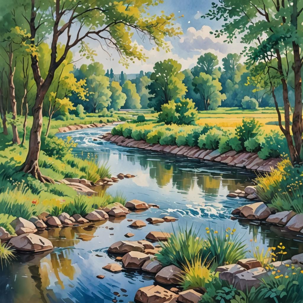 River Landscape in Gouache Style Watercolor