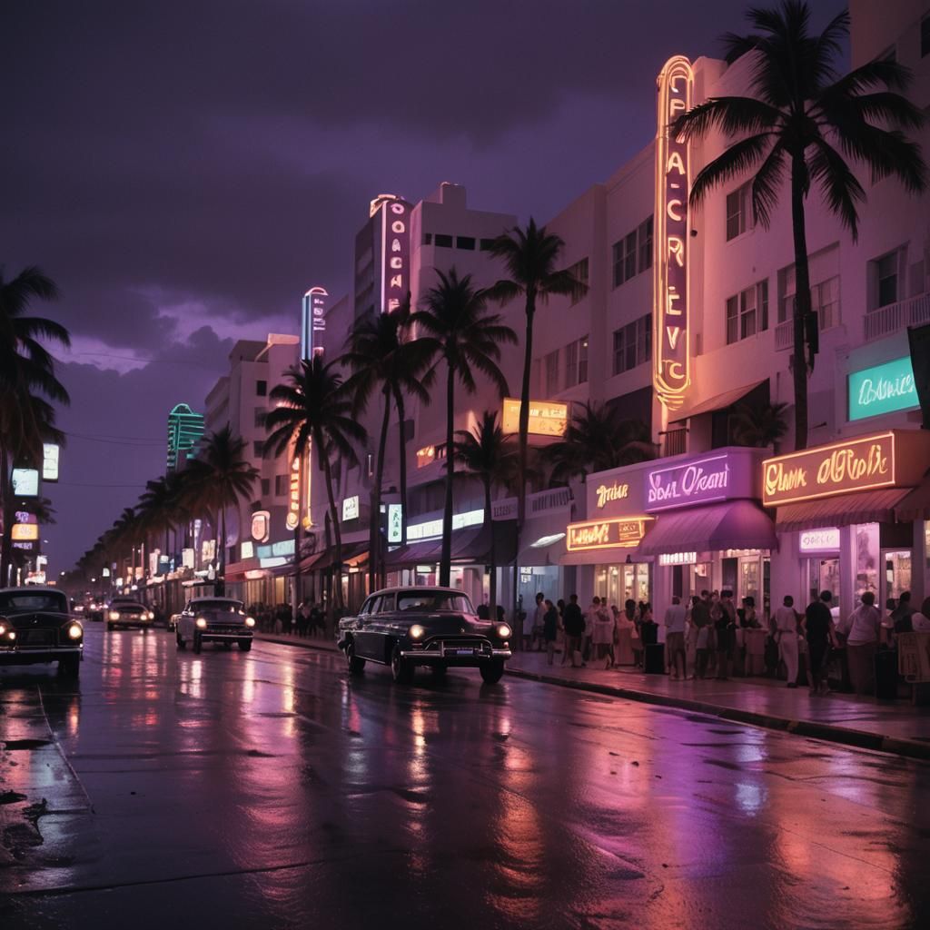 Neon-Lit Ocean Drive in Retro Digital Art