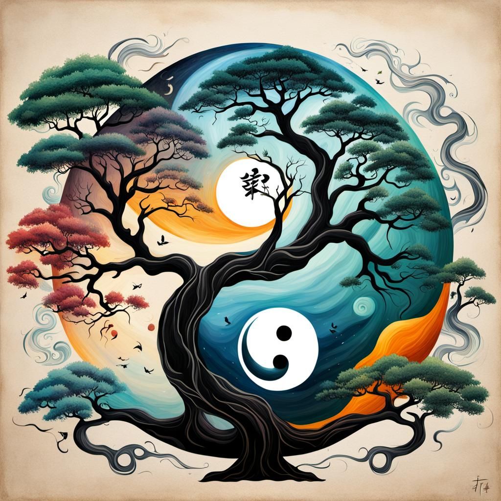Balanced Yin Yang Tree: Taoist Tattoo Design