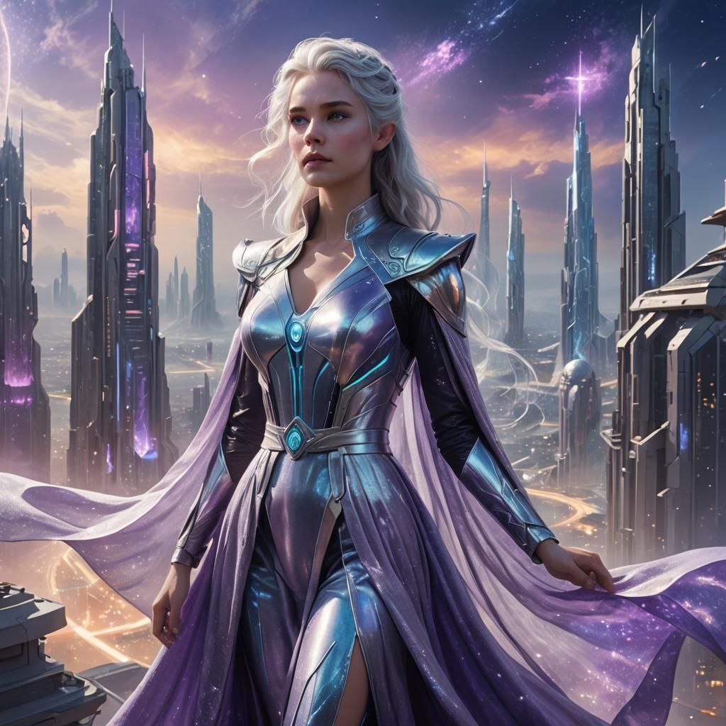 Futuristic City View: Lyra in Flowing Energy Gown