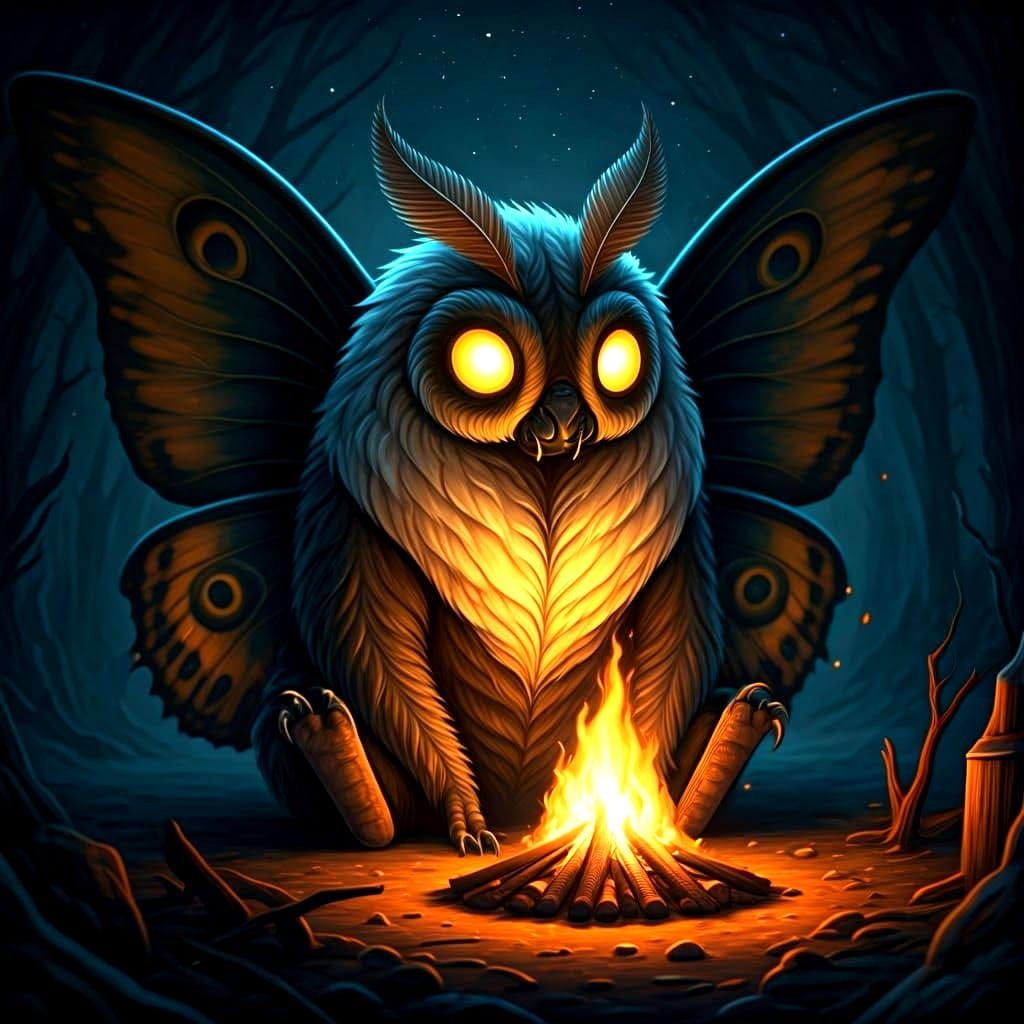 Chibi Mothman Relaxing by Campfire at Night